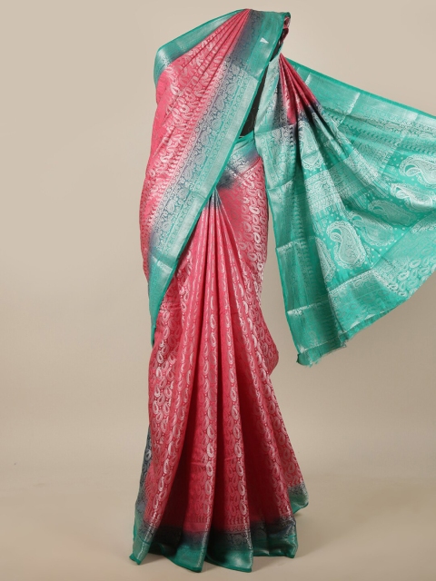 

Pothys Pink, Silver-Toned & Turquoise Blue Ethnic Motifs Zari Jute Silk Saree