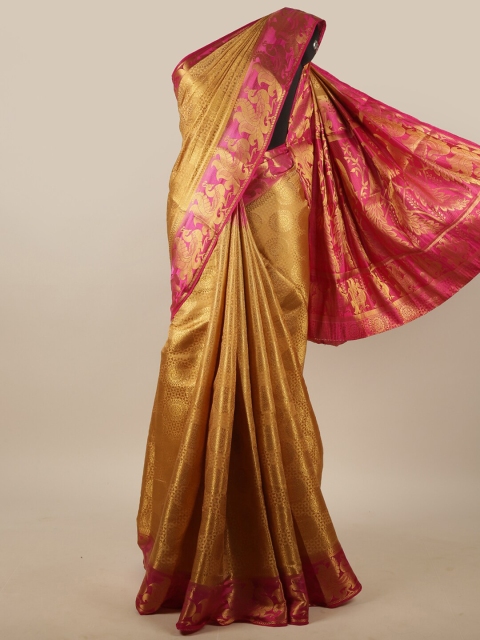 

Pothys Gold-Toned & Pink Woven Design Zari Jute Silk Saree