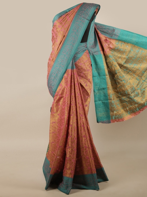 

Pothys Pink, Gold-Toned & Blue Ethnic Motifs Zari Jute Silk Saree