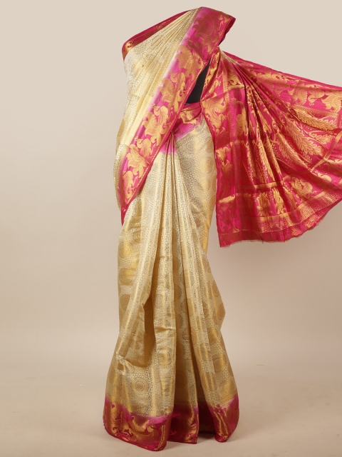 

Pothys Cream-Coloured & Fuchsia Woven Design Zari Jute Silk Saree