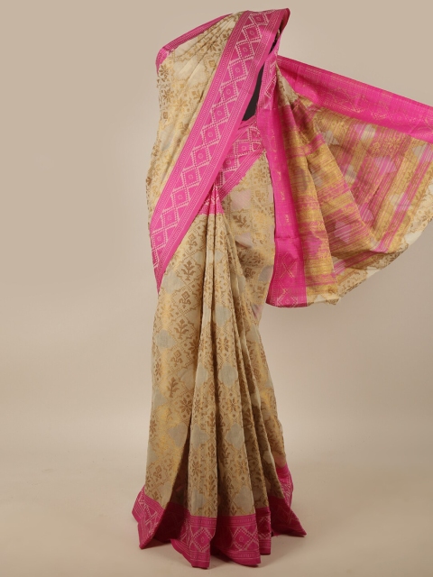 

Pothys Cream-Coloured, Gold-Toned & Pink Ethnic Motifs Zari Jute Silk Saree
