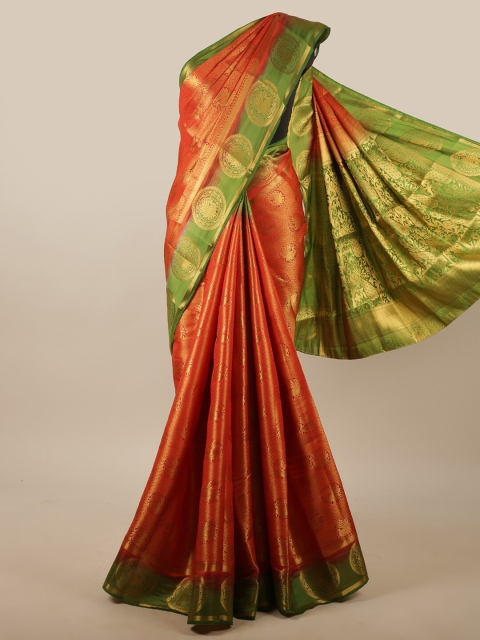 

Pothys Orange & Green Ethnic Motifs Zari Jute Silk Saree