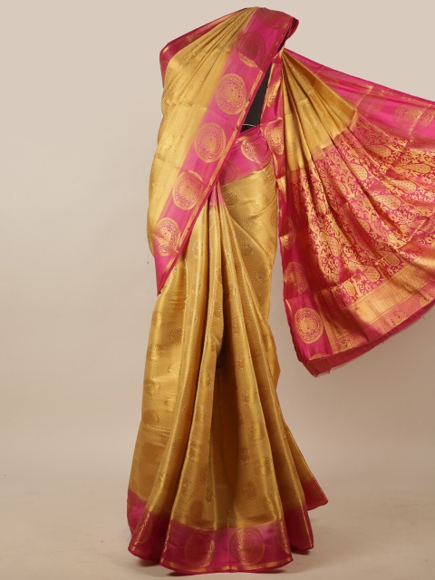 

Pothys Gold-Toned & Pink Woven Design Zari Jute Silk Saree