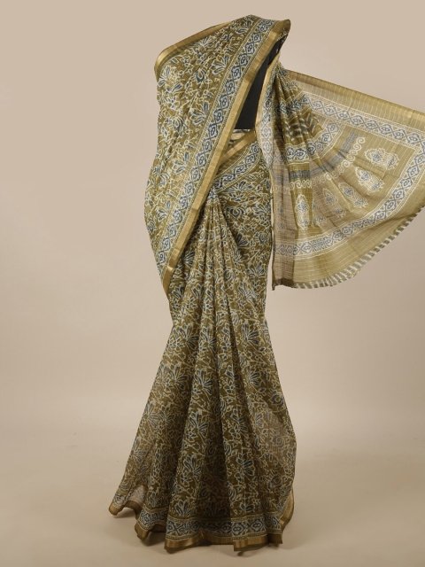 

Pothys Green & Navy Blue Floral Zari Jute Silk Saree