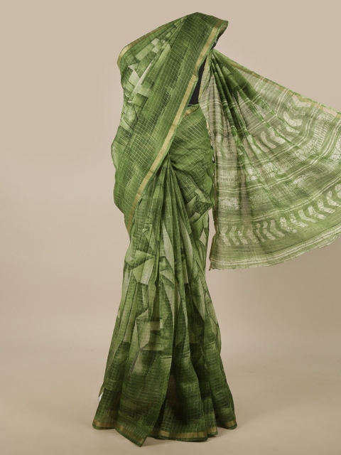 

Pothys Green, White & Gold-Toned Printed Jute Silk Saree