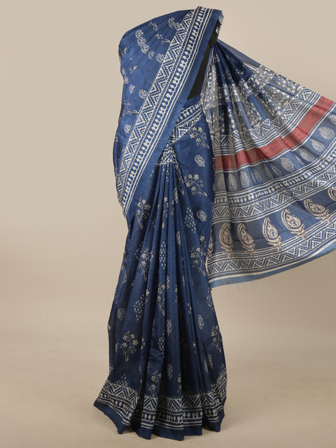 

Pothys Blue & White Floral Printed Jute Silk Saree
