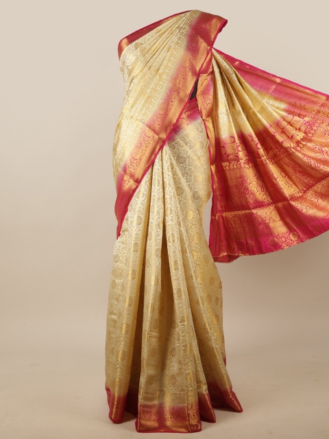 

Pothys Cream-Coloured & Pink Woven Design Zari Jute Silk Saree