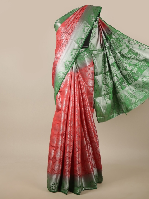 

Pothys Red, Silver-Toned & Green Ethnic Motifs Zari Jute Silk Saree