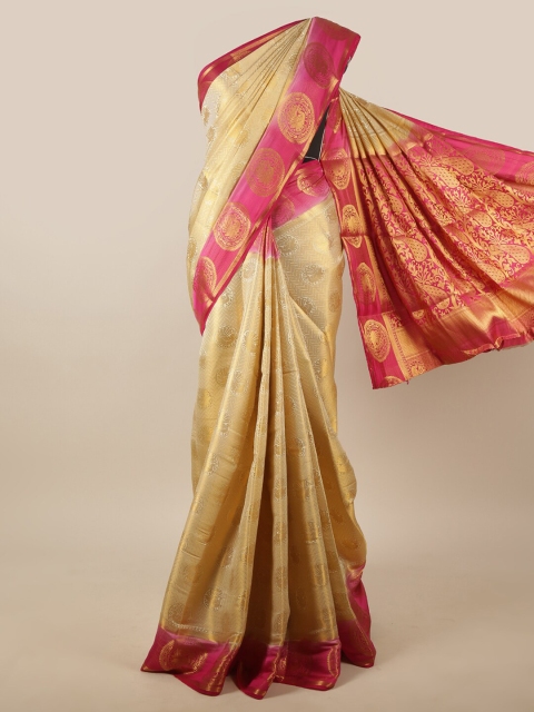 

Pothys Cream & Pink Gold-Toned Woven Design Jute Silk Saree