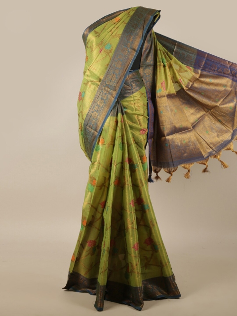 

Pothys Green & Blue Floral Zari Jute Silk Saree