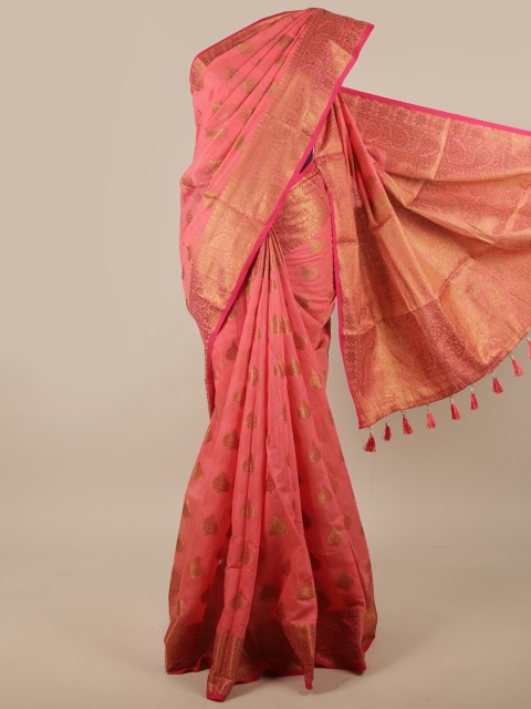 

Pothys Pink & Gold-Toned Ethnic Motifs Zari Jute Silk Saree