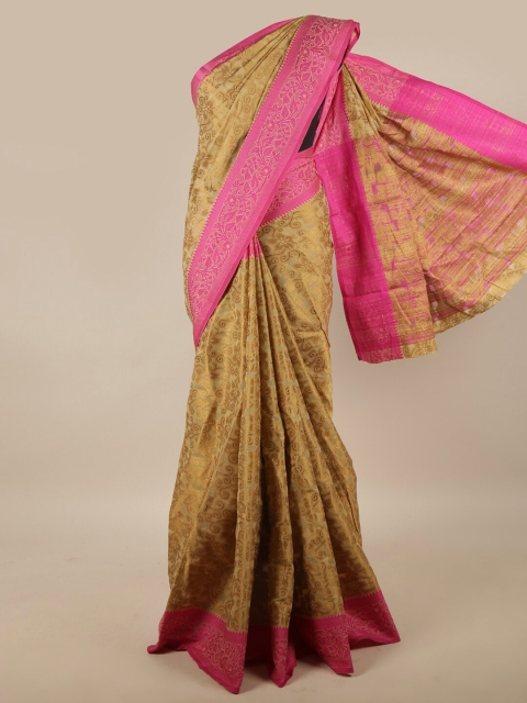 

Pothys Cream-Coloured & Pink Floral Zari Jute Silk Saree