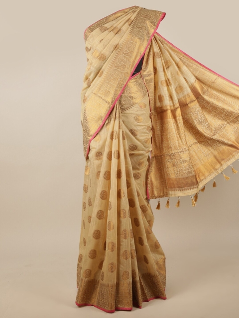 

Pothys Cream-Coloured & Gold-Toned Ethnic Motifs Zari Jute Silk Saree