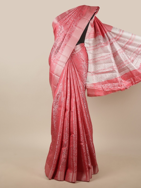 

Pothys Pink & Silver-Toned Floral Zari Jute Silk Saree