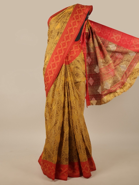 

Pothys Mustard & Red Ethnic Motifs Zari Jute Silk Saree