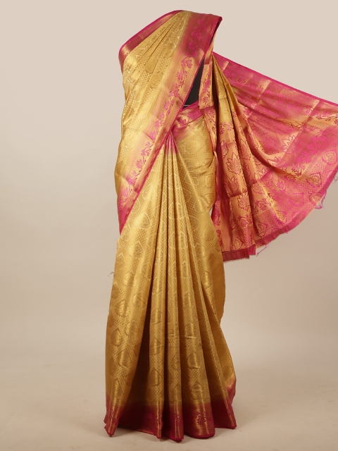 

Pothys Gold-Toned & Magenta Floral Zari Jute Silk Saree