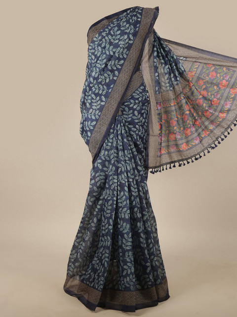 

Pothys Blue & Beige Floral Printed Jute Silk Saree