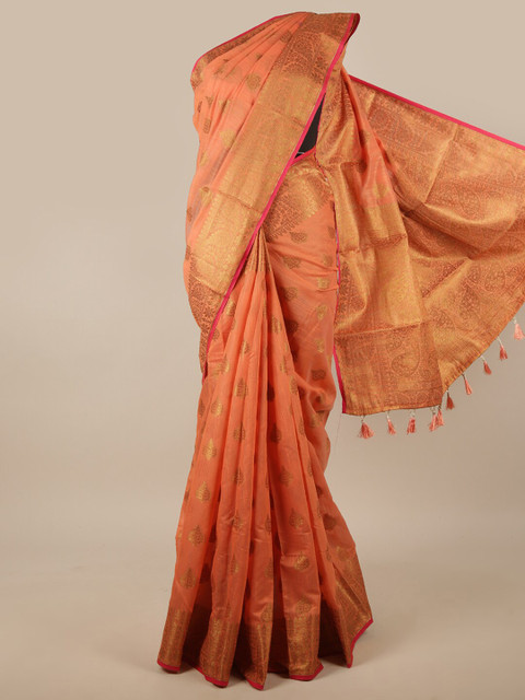 

Pothys Peach-Coloured & Gold-Toned Floral Zari Jute Silk Saree