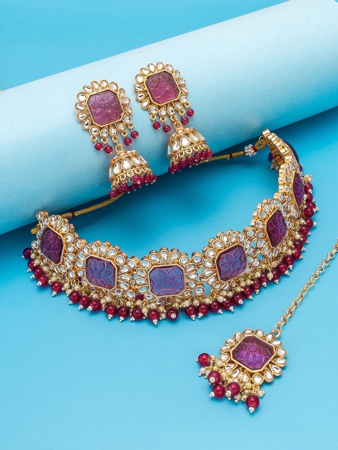 

aadita Gold-Plated White & Purple Stone-Studded & Pearl Beaded Temple Jewelry Set