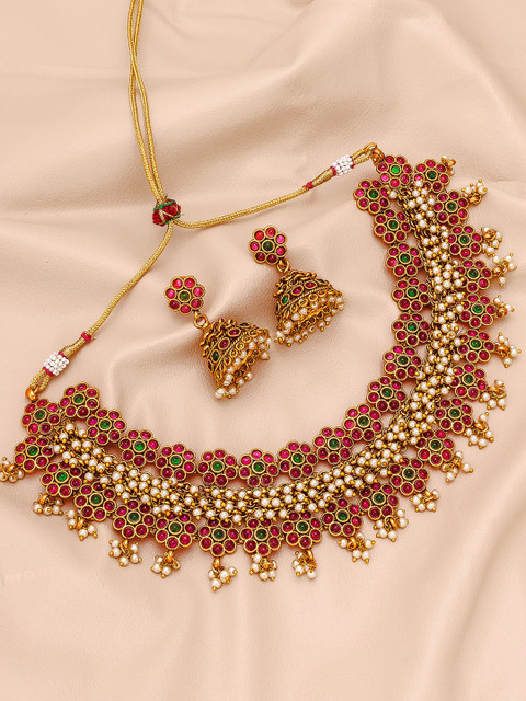 

aadita Gold-Plated White & Pink Stone-Studded & Pearl Beaded Temple Jewellery Set