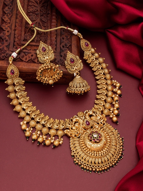 

aadita Gold-Plated Red Stone-Studded Temple Jewellery Set