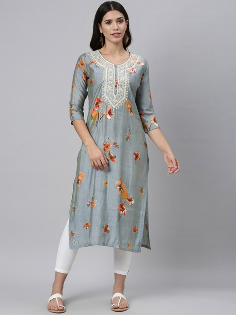 

Neerus Women Grey Floral Printed Thread Work Floral Kurta
