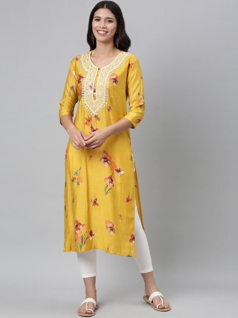 Neerus Women Mustard Yellow Floral Embroidered Floral Kurta