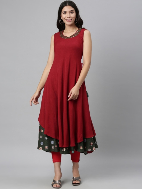 

Neerus Women Maroon Mirror Work Kurta