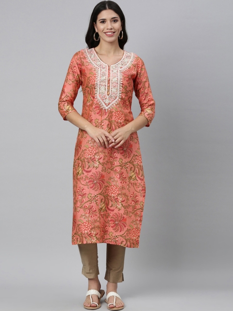 

Neerus Women Peach-Coloured Ethnic Motifs Printed Thread Work Floral Kurta
