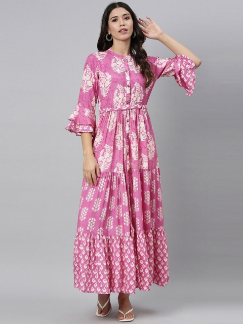 

Neerus Women Pink Ethnic Motifs Printed Bell Sleeves Belted Detail Anarkali Kurta