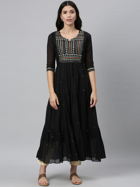 

Neerus Women Black Geometric Embroidered Thread Work Anarkali Kurta
