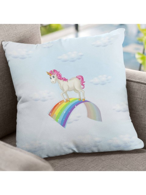 

GOJI Blue & White Unicorn Rainbow Printed Square Cushion