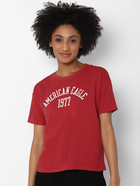 

AMERICAN EAGLE OUTFITTERS Women Maroon & White Typography Printed Pure Cotton T-shirt