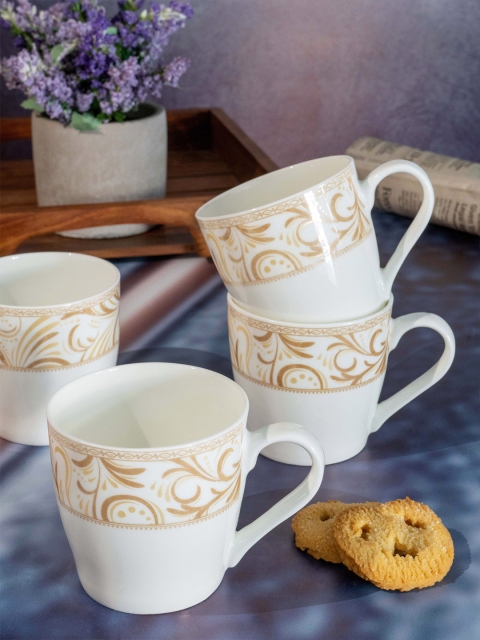 

SONAKI White & White Printed Bone China Glossy Mugs Set of 6 Cups and Mugs
