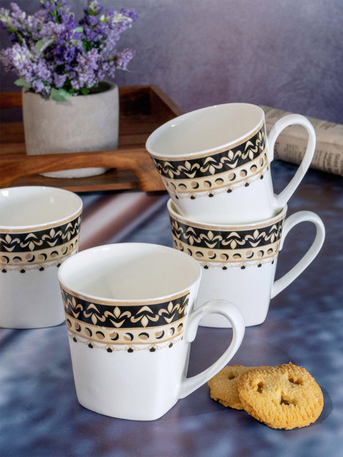 

SONAKI White & Brown Set of 6 Hand Painted Printed Bone China Glossy Mugs Cups and Mugs