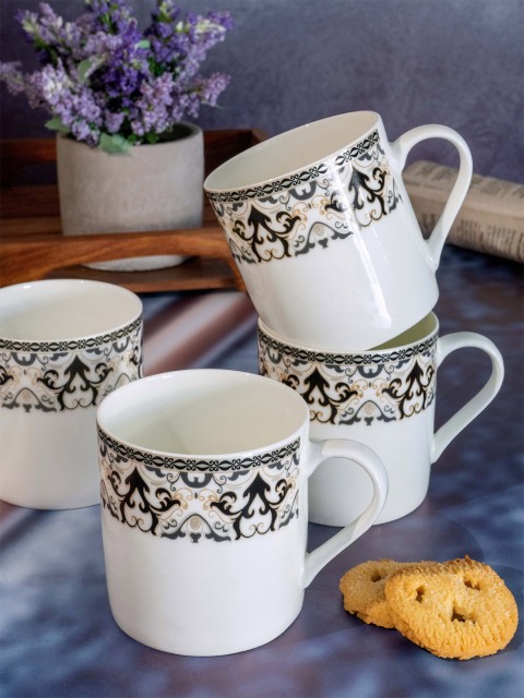 

SONAKI White & Black Printed Bone China Glossy Mugs Set of 6 Cups and Mugs