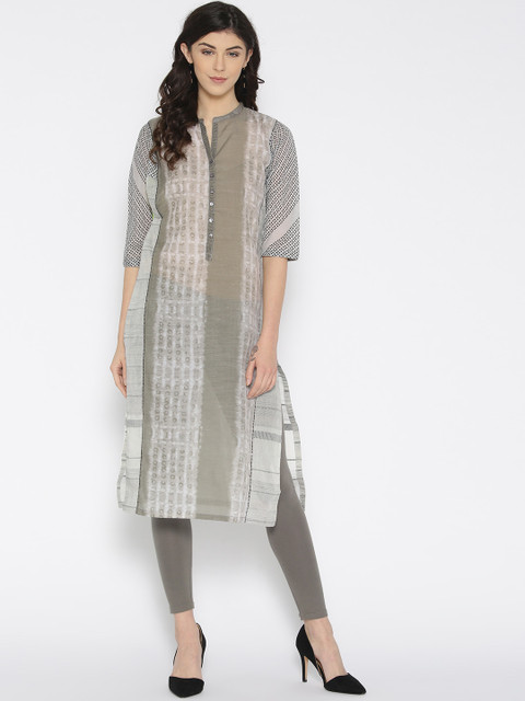 

Biba Women Grey Printed Straight Kurta