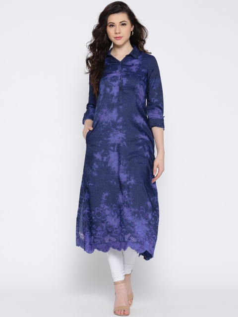 

Biba Women Navy Blue Printed Chambray Straight Kurta