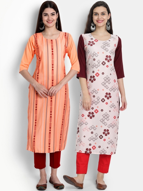 

Ethnic basket Women Pack of 2 Printed Crepe Kurtas, Peach