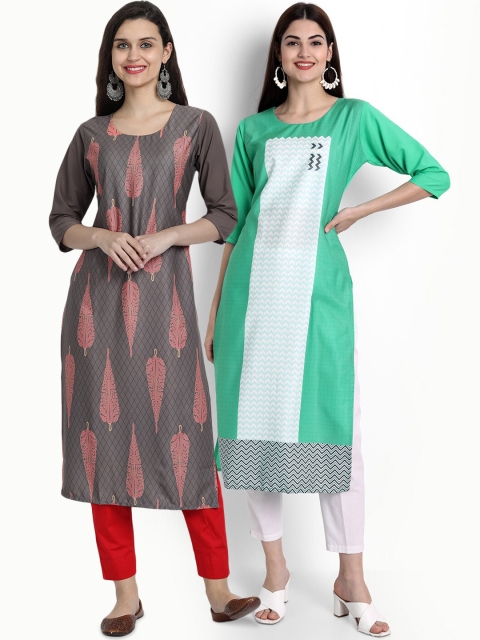 

Ethnic basket Women Pack of 2 Printed Crepe Kurtas, Grey