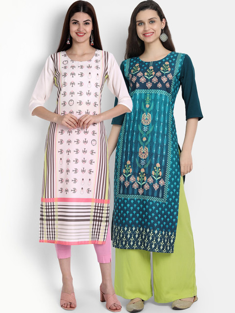 

Ethnic basket Women Pack Of 2 Green & Pink Ethnic Motifs Printed Floral Crepe Kurta