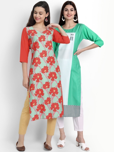 

Ethnic basket Women Pack of 2 Printed Crepe Kurtas, Green