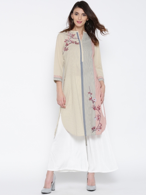 

Biba Women Cream-Coloured & Blue Striped Embroidered Straight Kurta