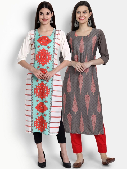 

Ethnic basket Women Pack Of 2 Grey & White Ethnic Motifs Printed Crepe Kurta