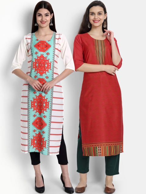 

Ethnic basket Women Pack Of 2 Red & White Ethnic Motifs Floral Crepe Kurta