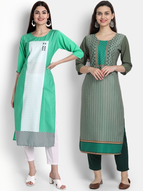 

Ethnic basket Women Pack Of 2 Green & White Ethnic Motifs Printed Crepe Kurta