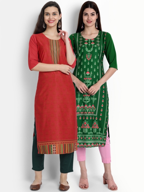 

Ethnic basket Women Pack Of 2 Red & Green Ethnic Motifs Printed Crepe Kurta
