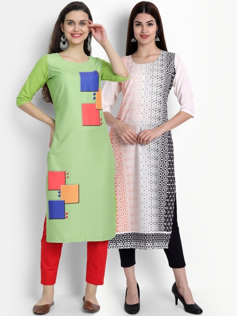 

Ethnic basket Women Pack Of 2 Green & White Geometric Printed Crepe Kurta