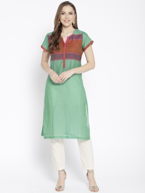 

Biba Women Sea Green & Rust Orange Striped Straight Kurta