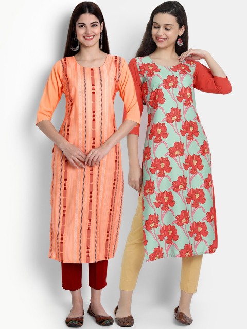 

Ethnic basket Women Pack Of 2 Peach-Coloured & Red Floral Printed Crepe Kurta